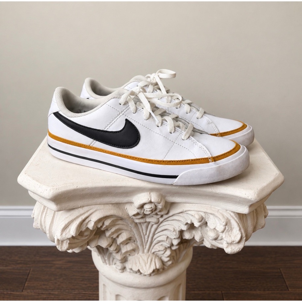 Nike Court Legacy White Black Mustard Yellow Sneakers DA5380-102 Youth 5.5Y